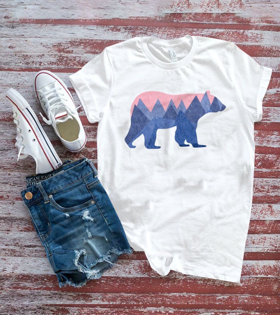 Mountain Bear Silhouette With Geometric Peaks In Blue And Pink T-Shirt