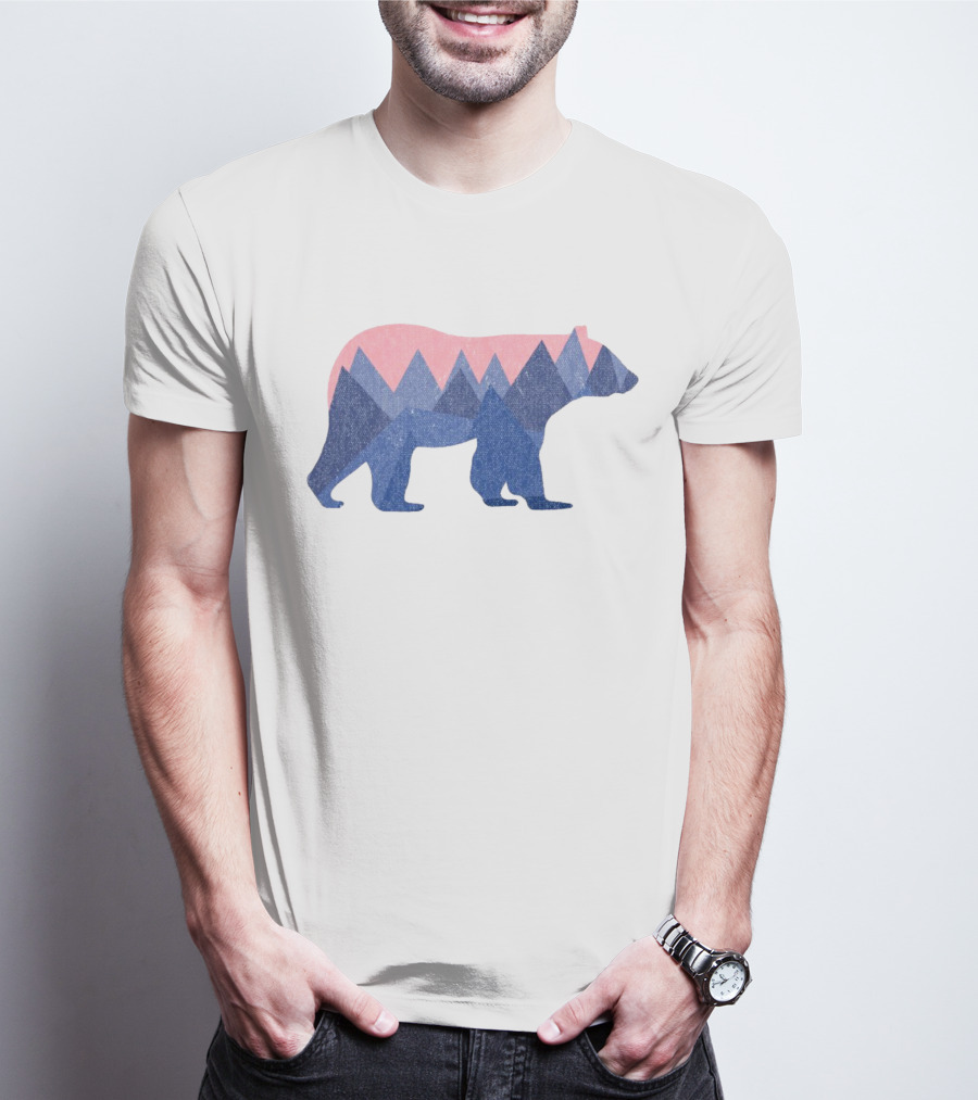 Mountain Bear Silhouette With Geometric Peaks In Blue And Pink T-Shirt