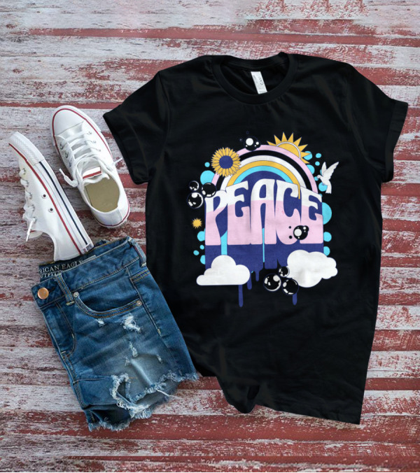 Peace Colorful Rainbow Sunflower Clouds Dove And Good Vibes T-Shirt
