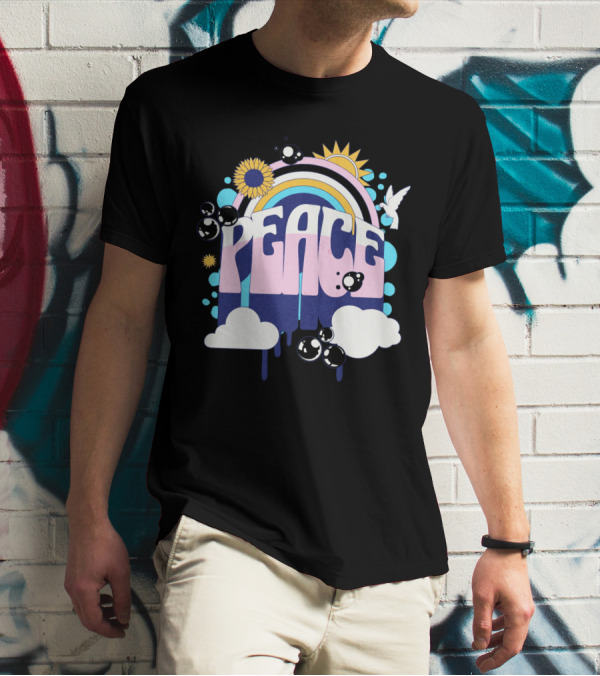 Peace Colorful Rainbow Sunflower Clouds Dove And Good Vibes T-Shirt