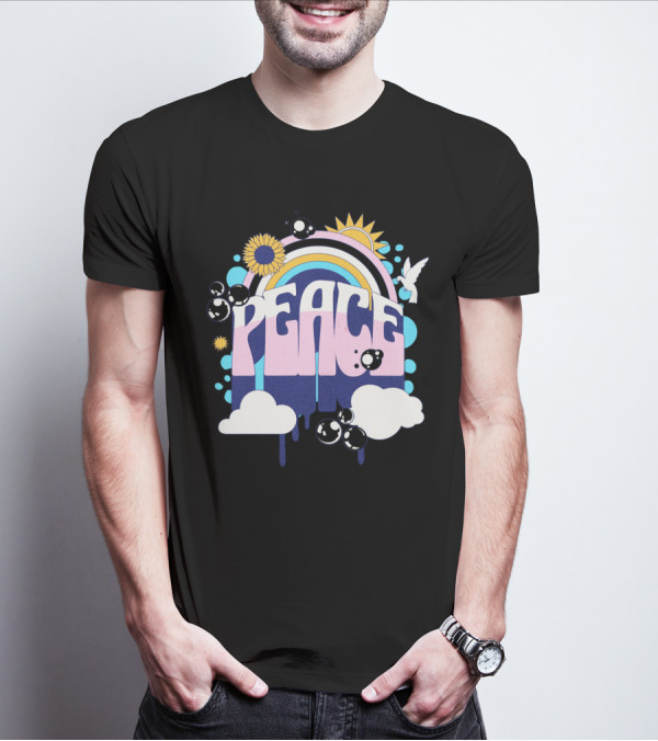 Peace Colorful Rainbow Sunflower Clouds Dove And Good Vibes T-Shirt