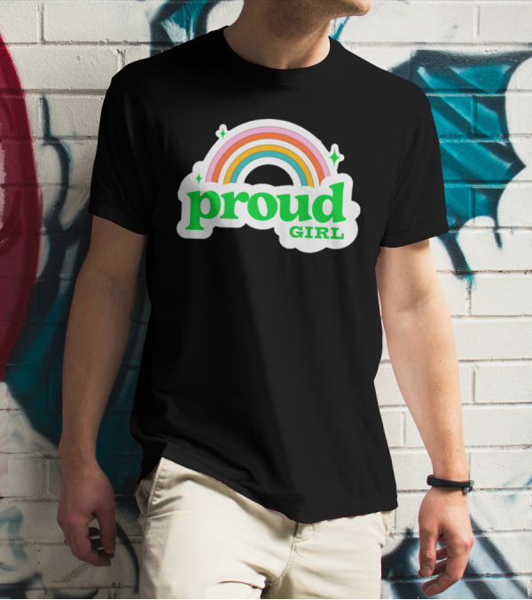 Proud Girl Green Text Rainbow With Sparkles T-Shirt