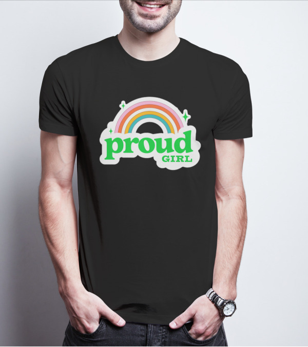 Proud Girl Green Text Rainbow With Sparkles T-Shirt