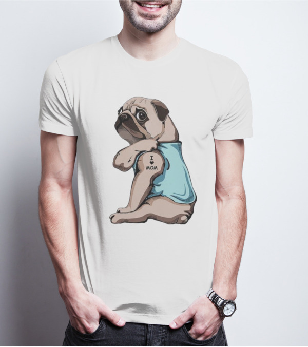 Pug I Love Mom Tattoo Blue T-Shirt