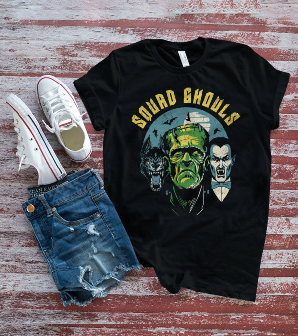 Squad Ghouls Frankenstein Dracula Werewolf Halloween Characters T-Shirt