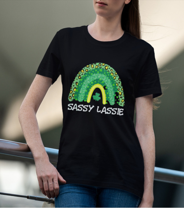 St Patricks Day Women Funny Sassy Lassie Leopard Rainbow Shamrock T-Shirt