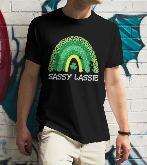 St Patricks Day Women Funny Sassy Lassie Leopard Rainbow Shamrock T-Shirt