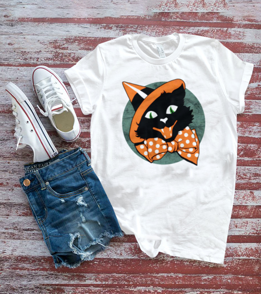 Halloween Black Cat Vintage Witch Hat Polka Dot Bow Tie T-Shirt