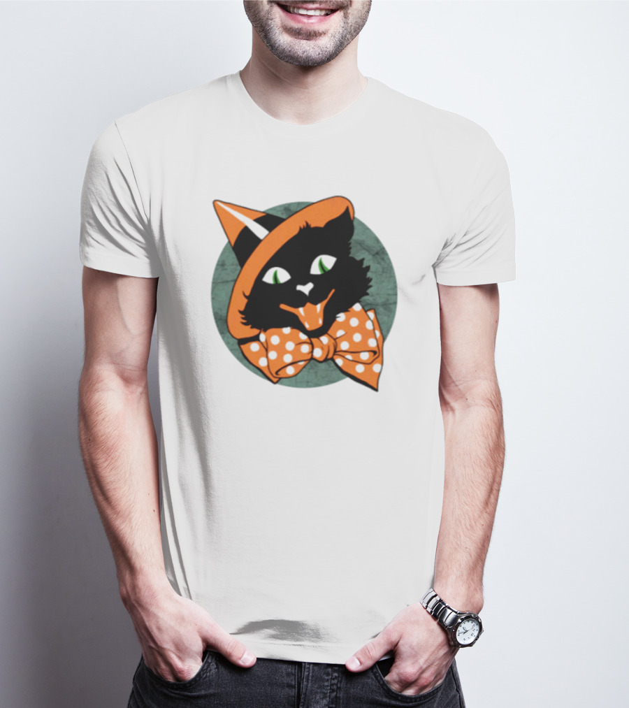 Halloween Black Cat Vintage Witch Hat Polka Dot Bow Tie T-Shirt