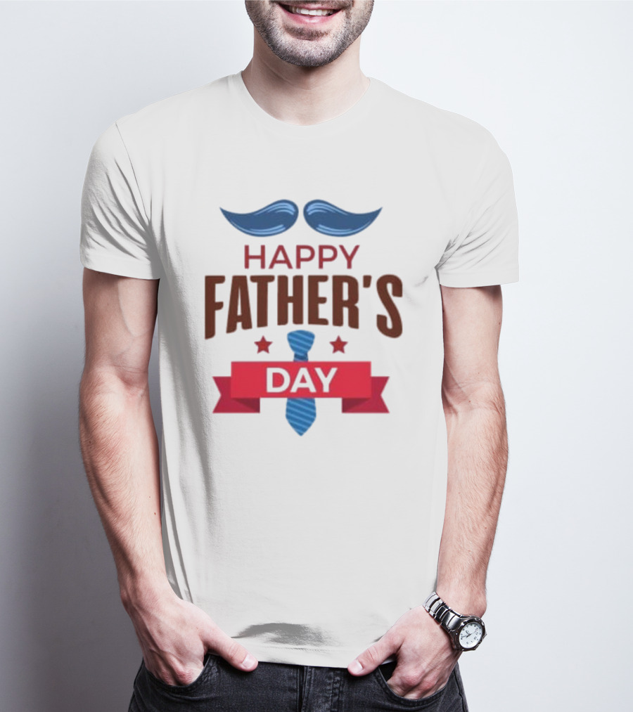 Happy Father’s Day Mustache Blue Tie Red Banner T-Shirt