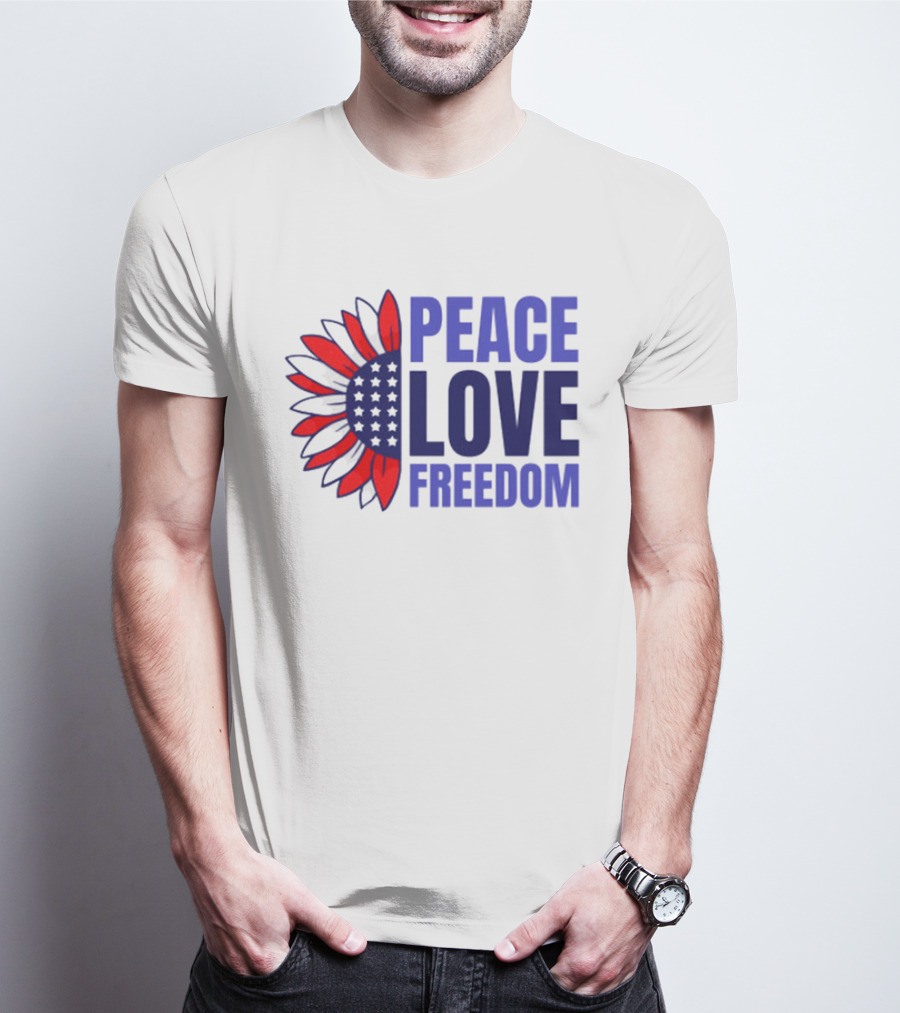 Peace Love Freedom 4th Of July Patriotic Sunflower Stars Stripes T-Shirt