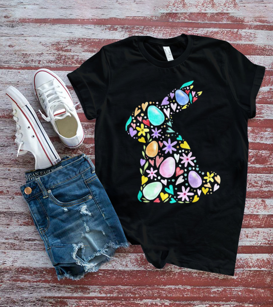 Rabbit Easter Day Colorful Eggs Hearts Flowers T-Shirt