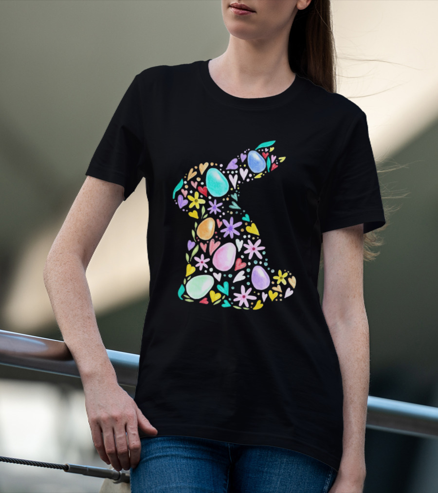 Rabbit Easter Day Colorful Eggs Hearts Flowers T-Shirt