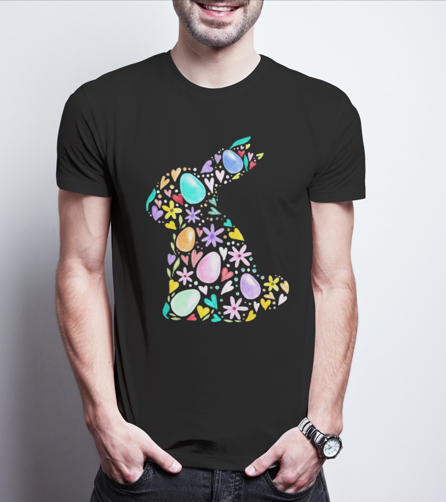 Rabbit Easter Day Colorful Eggs Hearts Flowers T-Shirt