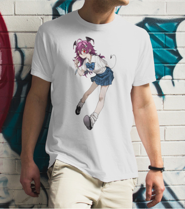 Devil Girl Anime School Uniform Purple Hair Horns Tail T-Shirt