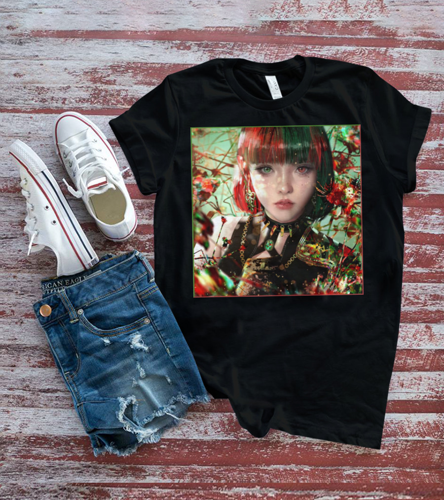 Green Red Sticker Fantasy Portrait Vibrant Blossoms Dual-Tone Hair T-Shirt