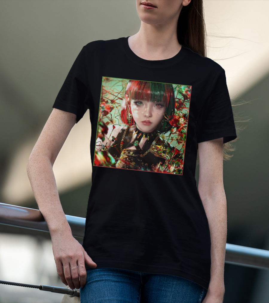 Green Red Sticker Fantasy Portrait Vibrant Blossoms Dual-Tone Hair T-Shirt