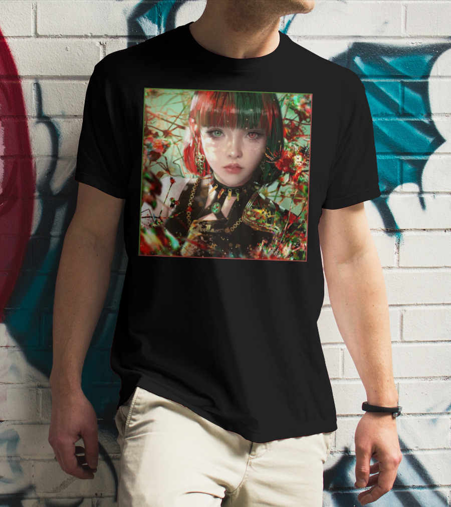 Green Red Sticker Fantasy Portrait Vibrant Blossoms Dual-Tone Hair T-Shirt