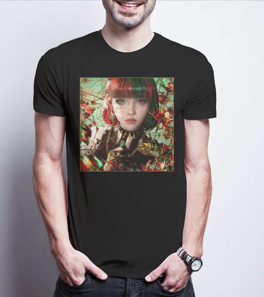 Green Red Sticker Fantasy Portrait Vibrant Blossoms Dual-Tone Hair T-Shirt
