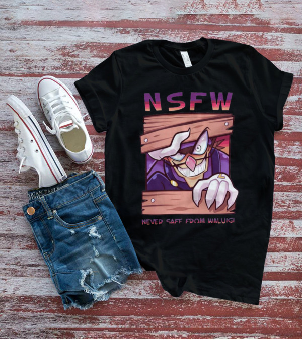 NSFW Never Safe From Waluigi Spaicy Waluigi Peeking Through Wooden Planks T-Shirt