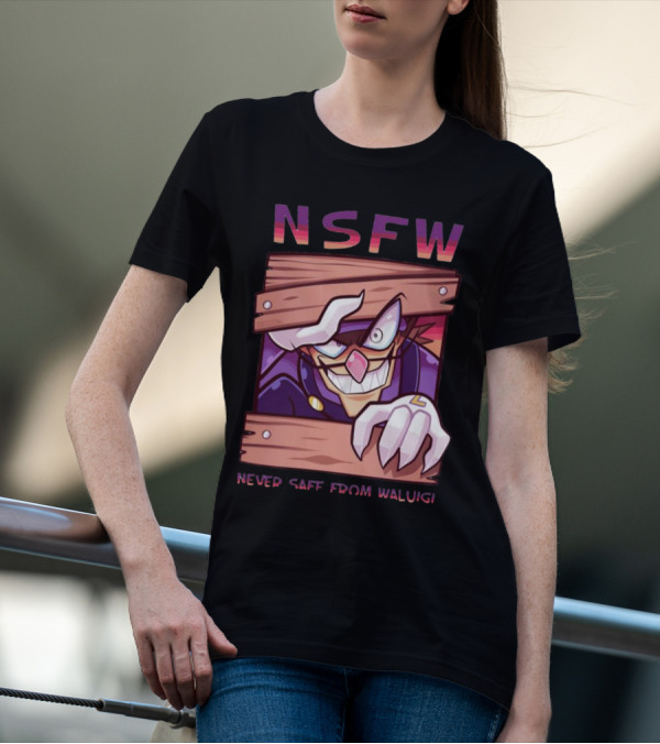 NSFW Never Safe From Waluigi Spaicy Waluigi Peeking Through Wooden Planks T-Shirt