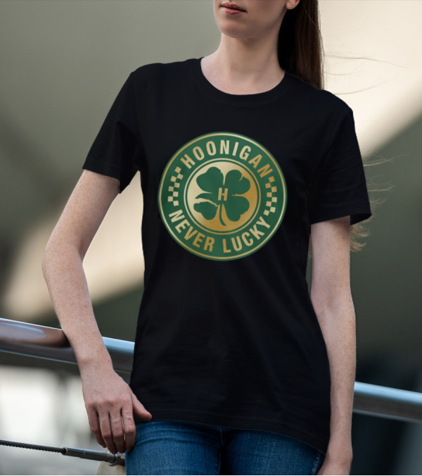 Hoonigan Never Lucky Four Leaf Clover Checkerboard Badge T-Shirt