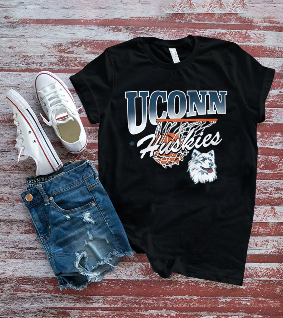 UConn Huskies Basketball Husky Mascot And Net T-Shirt