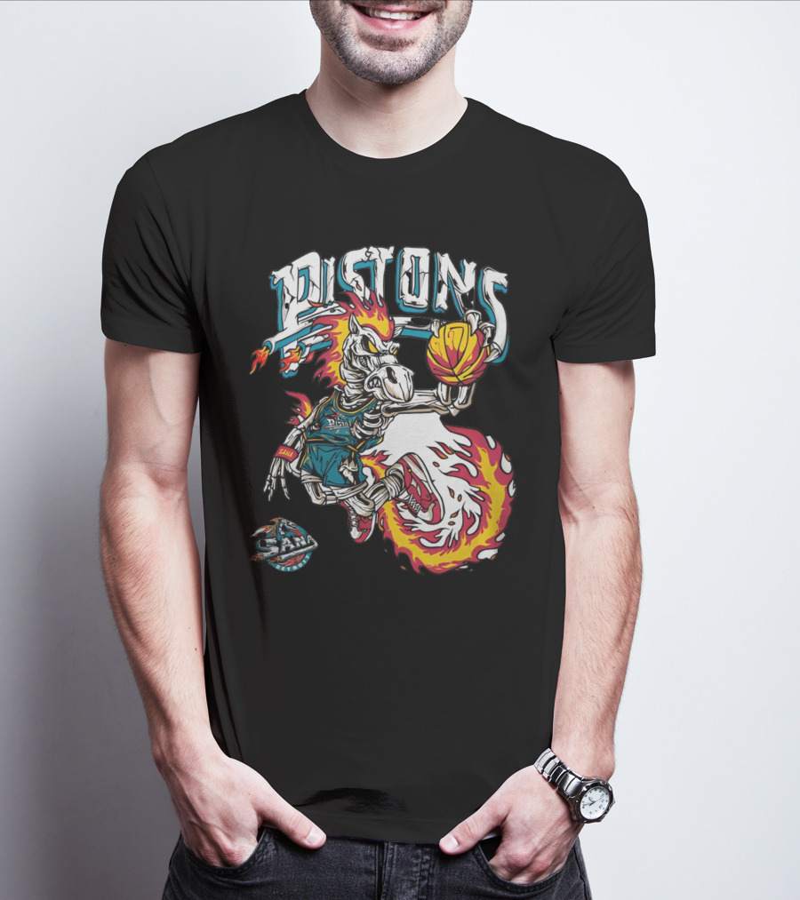 Sana Detroit Pistons Fiery Skeleton Basketball Dunk Pop-Up T-Shirt