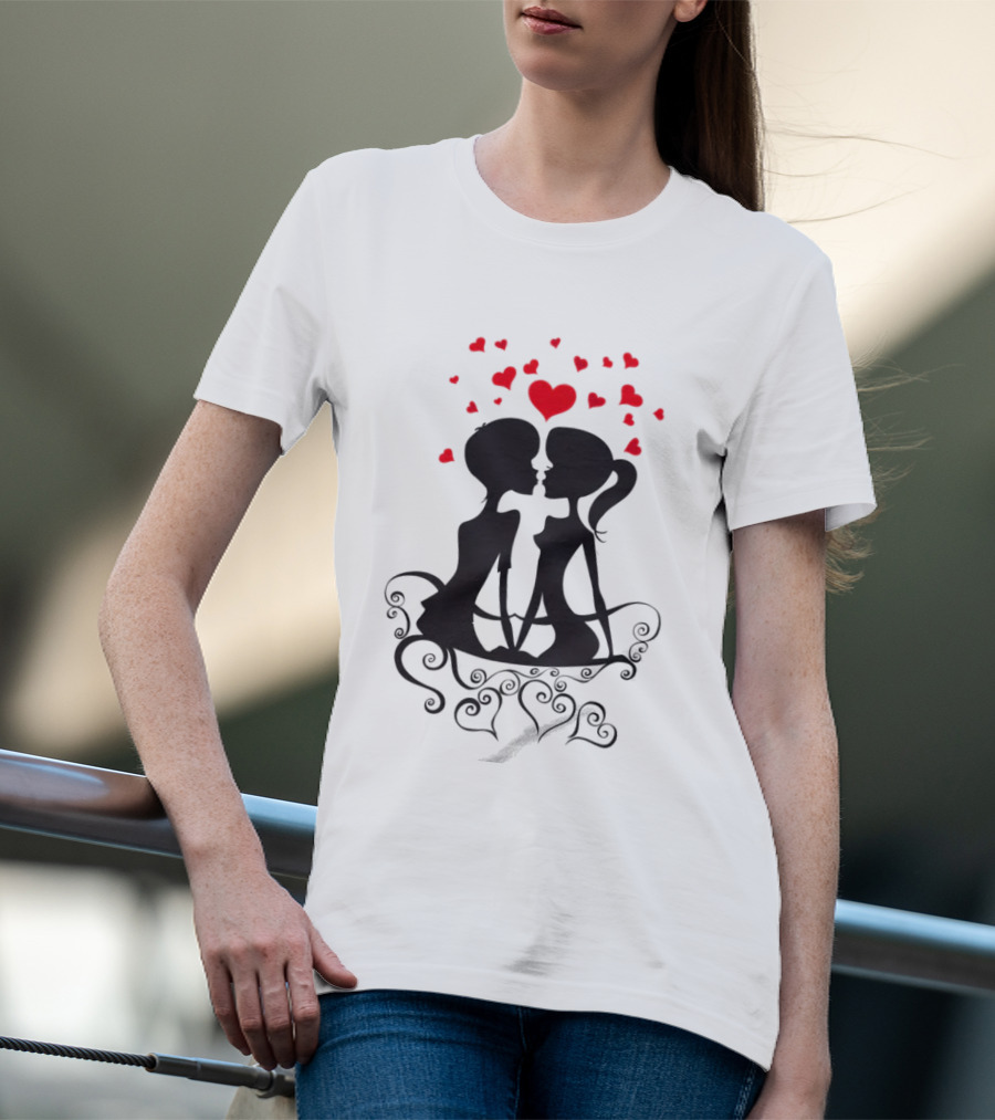 Lesbian Couple Kissing Romantic Silhouettes With Heart And Hearts T-Shirt