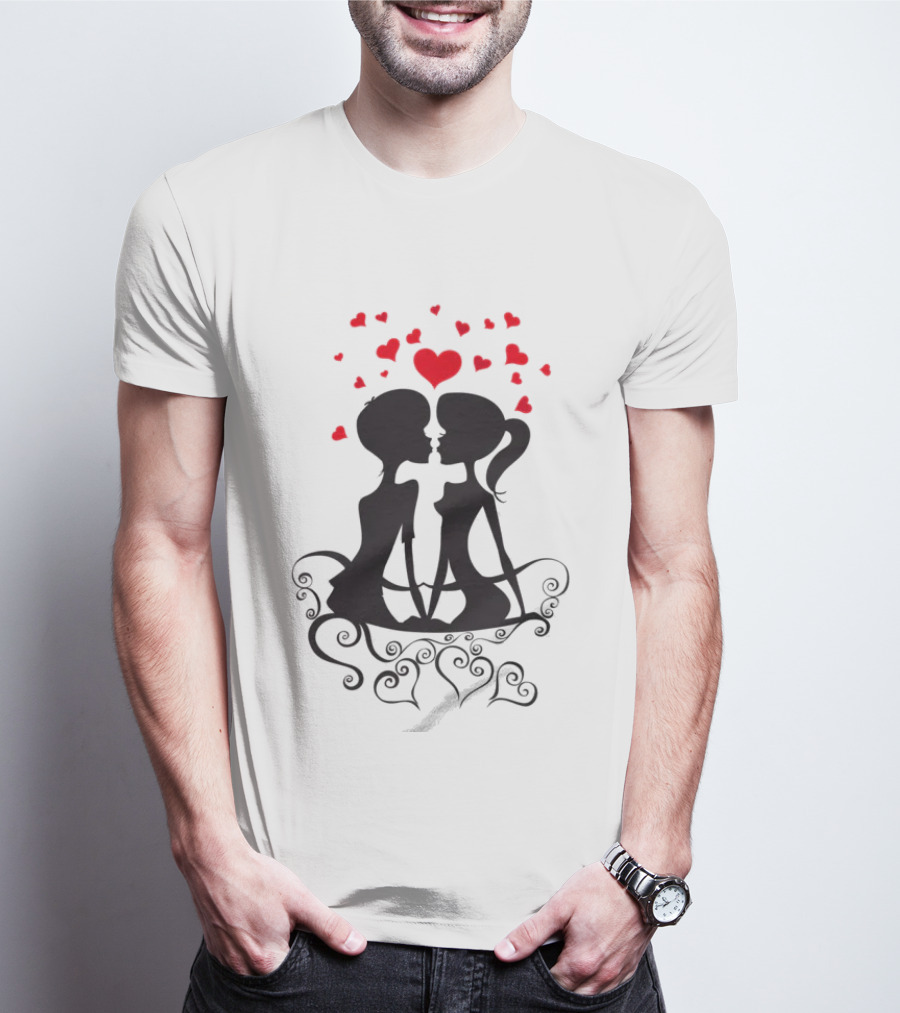 Lesbian Couple Kissing Romantic Silhouettes With Heart And Hearts T-Shirt