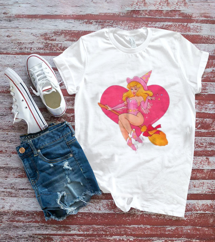 This Barbie Is A Witch Riding A Broomstick With Pink Heart Background T-Shirt