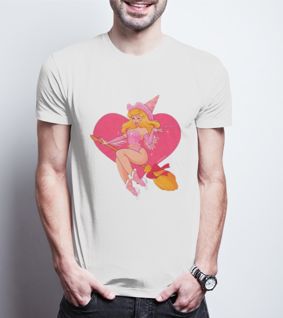 This Barbie Is A Witch Riding A Broomstick With Pink Heart Background T-Shirt