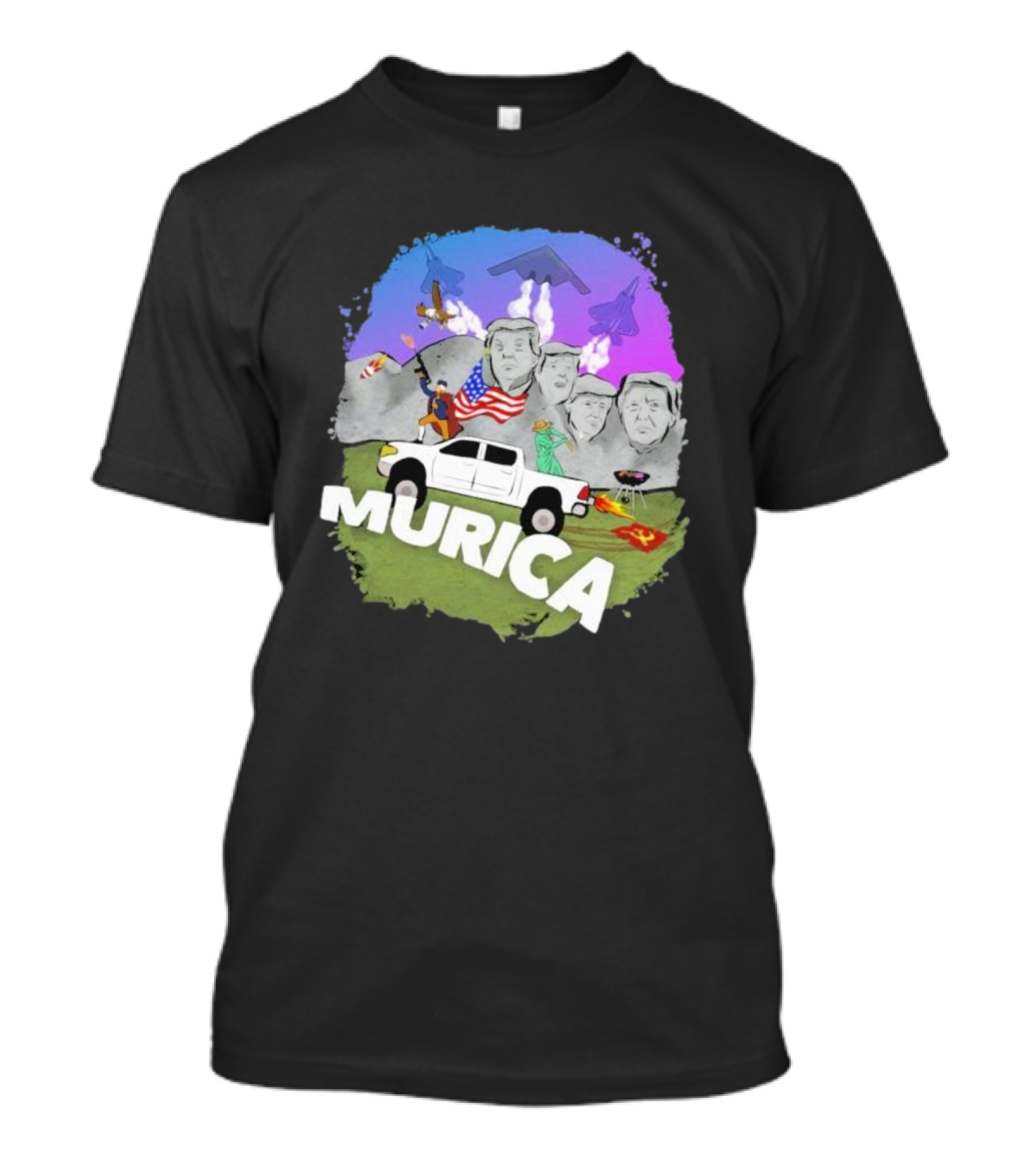 Murica Mount Rushmore Bald Eagle Statue Of Liberty Pickup Truck Bombers Jets T-Shirt