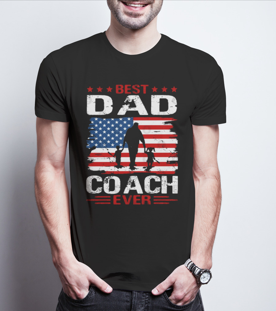 Best Dad Coach Ever USA Flag Baseball Dad Father's Day T-Shirt