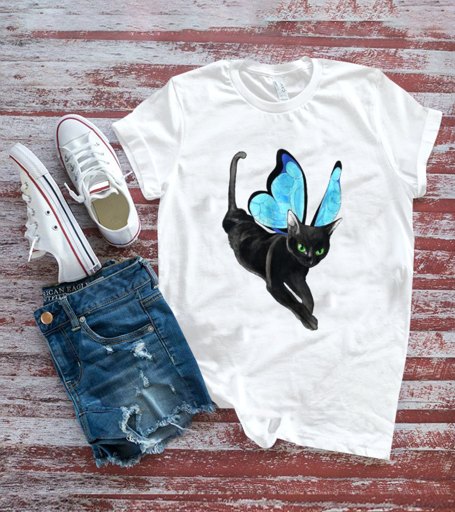 Black Cat With Blue Butterfly Wings T-Shirt