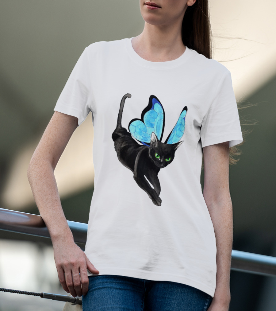 Black Cat With Blue Butterfly Wings T-Shirt