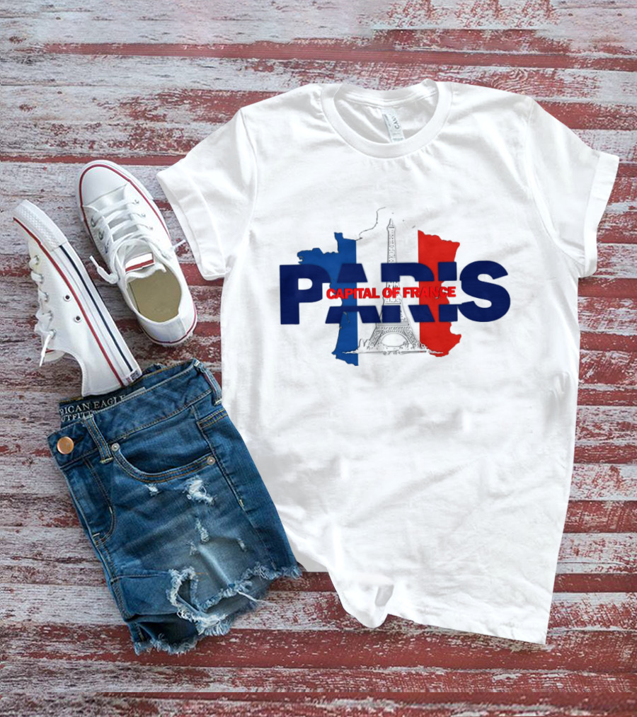 Paris Capital Of France Eiffel Tower Flag Map T-Shirt