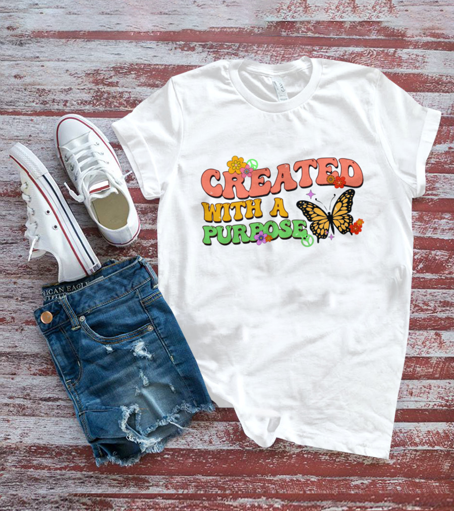 Created With A Purpose Butterfly Flowers Peace Sign T-Shirt