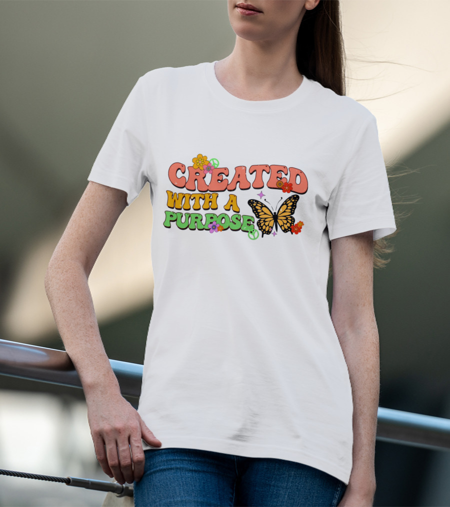 Created With A Purpose Butterfly Flowers Peace Sign T-Shirt