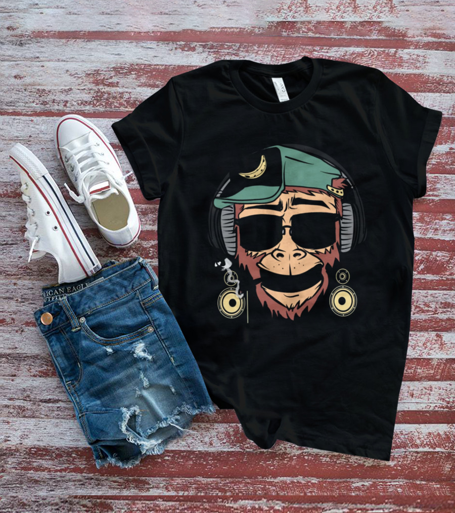 DJ Monkey Cool Headphones Banana Cap Music Speakers T-Shirt
