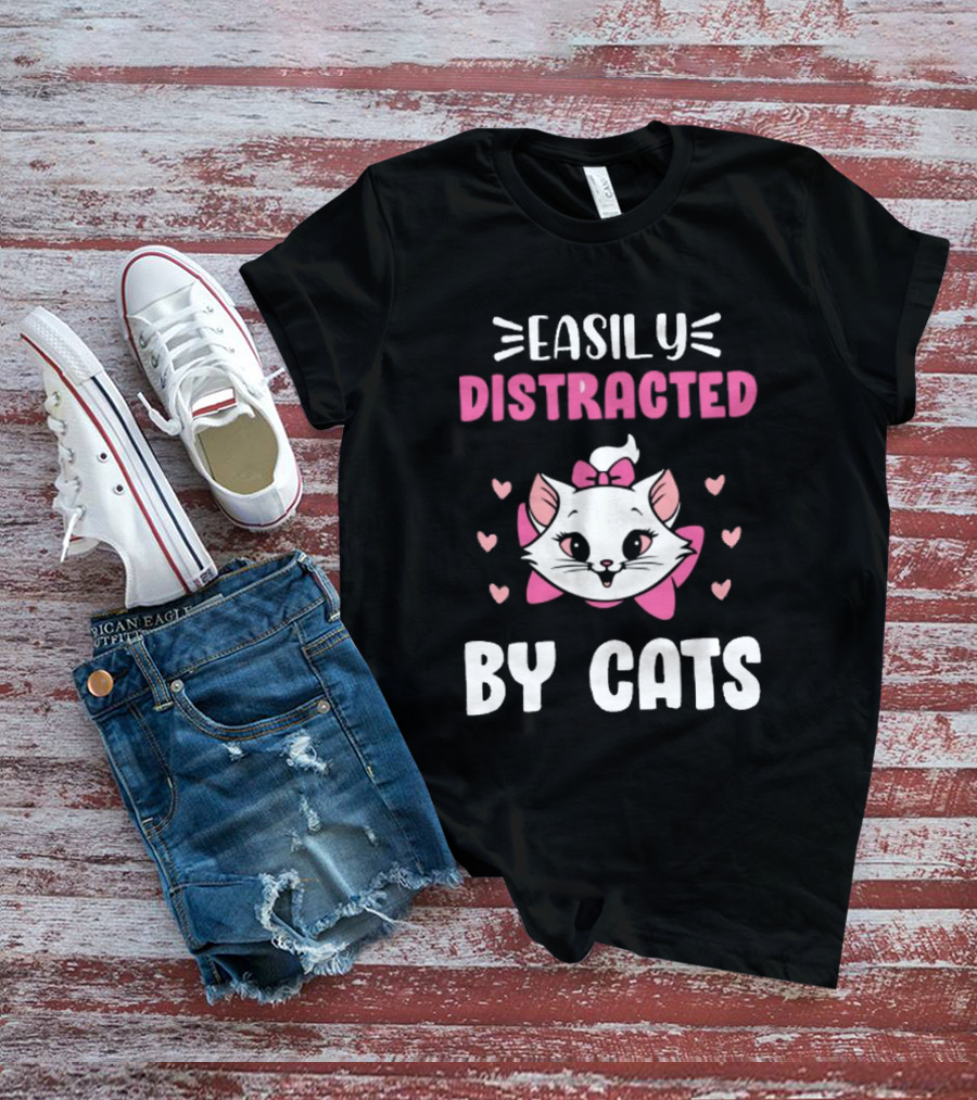 Easily Distracted By Cats Cute Kitten With Pink Bow And Hearts T-Shirt