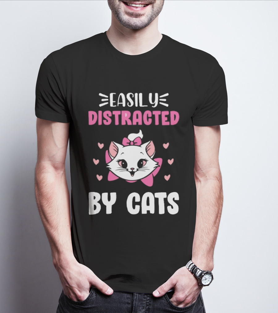 Easily Distracted By Cats Cute Kitten With Pink Bow And Hearts T-Shirt
