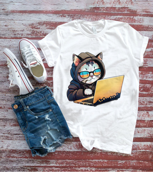Hacker Cat In Hoodie With Laptop And Glasses T-Shirt