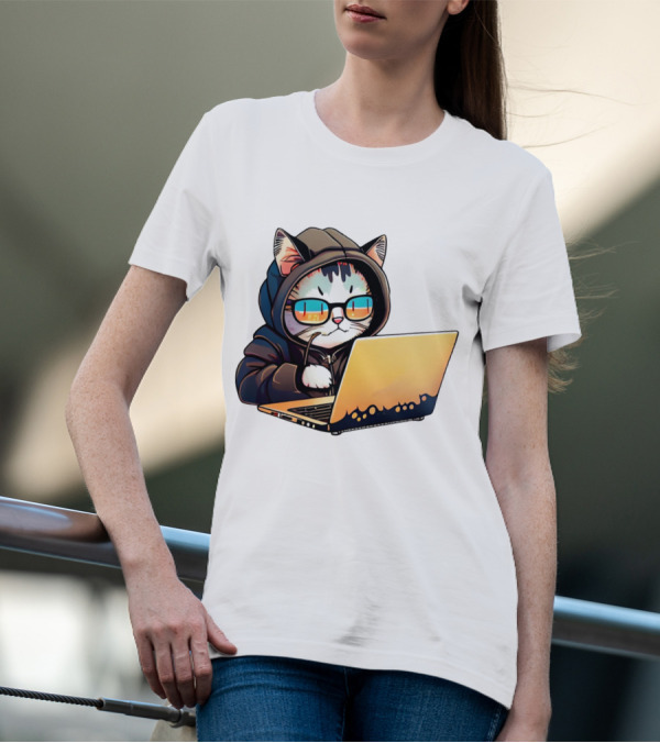 Hacker Cat In Hoodie With Laptop And Glasses T-Shirt