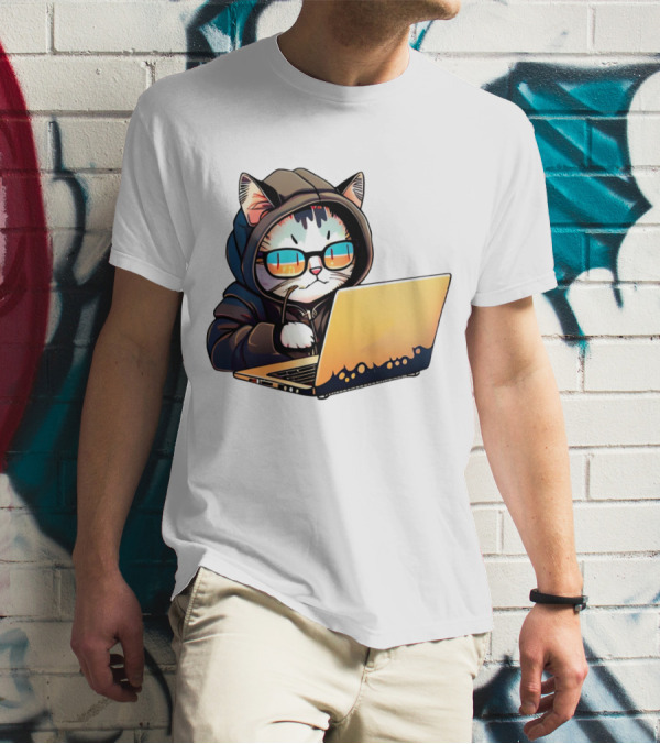 Hacker Cat In Hoodie With Laptop And Glasses T-Shirt