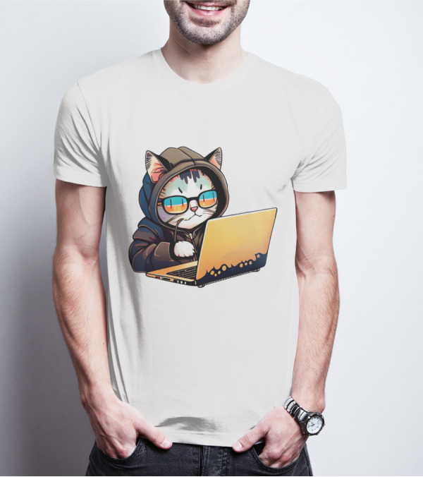Hacker Cat In Hoodie With Laptop And Glasses T-Shirt