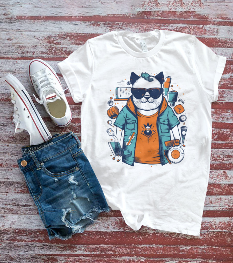 Hipster Cat In Sunglasses With Headphones And Jacket T-Shirt