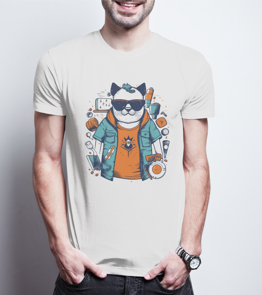 Hipster Cat In Sunglasses With Headphones And Jacket T-Shirt