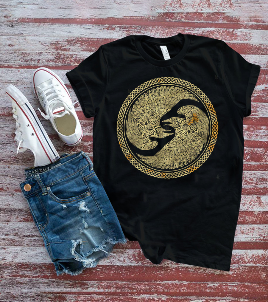 Hugin And Munin Celtic Knotwork Ravens In Intricate Circular T-Shirt