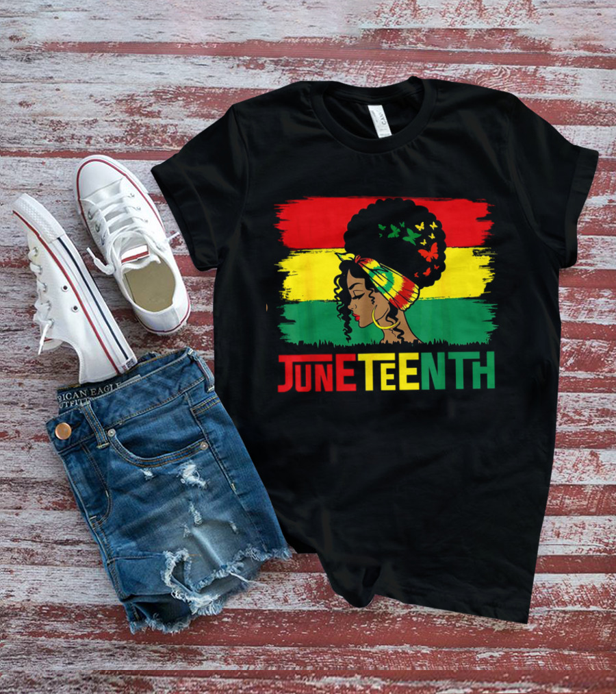 Juneteenth Remembering My Ancestors Celebrate Black Freedom Afro Woman Rasta Colors Flags T-Shirt